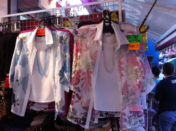 Clothing shop rack with price tags representing pricing used items