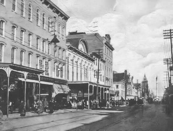 Street lined with small local business storefronts