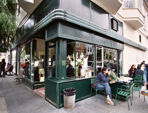 Exterior of Tartine Bakery on the corner of Guerrero and 18th Street in San Francisco's Mission District